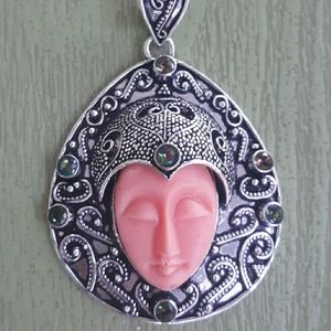 New Carved Goddess Face Mystic Topaz Silver Pendant.